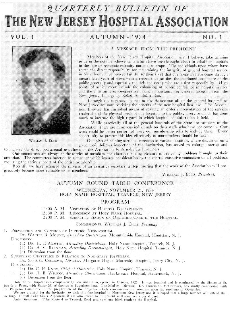 The Autumn 1934 edition of the NJHA Quarterly Bulletin, featuring a letter from William J. Ellis, president of NJHA and commissioner of the New Jersey State Department of Institutions and Agencies.