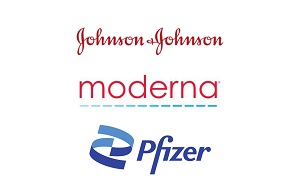 Johnson & Johnson, Moderna and Pfizer logos.
